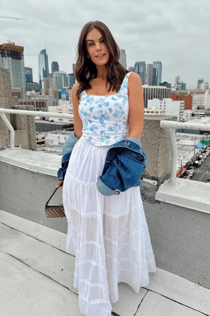 Blue Floral Tank Top, White Maxi Skirt and Denim Jacket