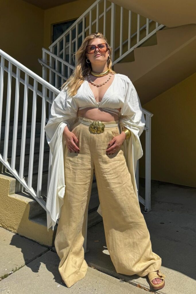 White Kimono Crop Top, Beige Linen Pants and Statement Belt