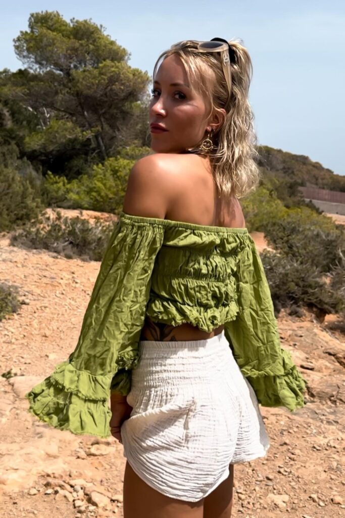 Green Off-Shoulder Crop Top and White High-Waisted Shorts