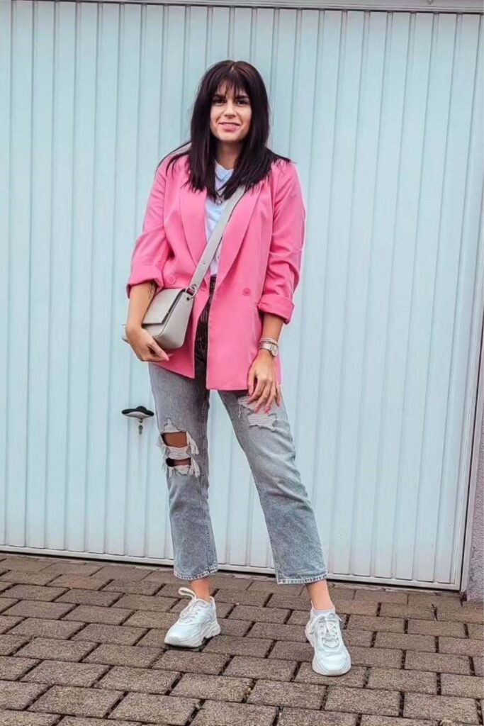 Casual Pink Blazer with Distressed Denim