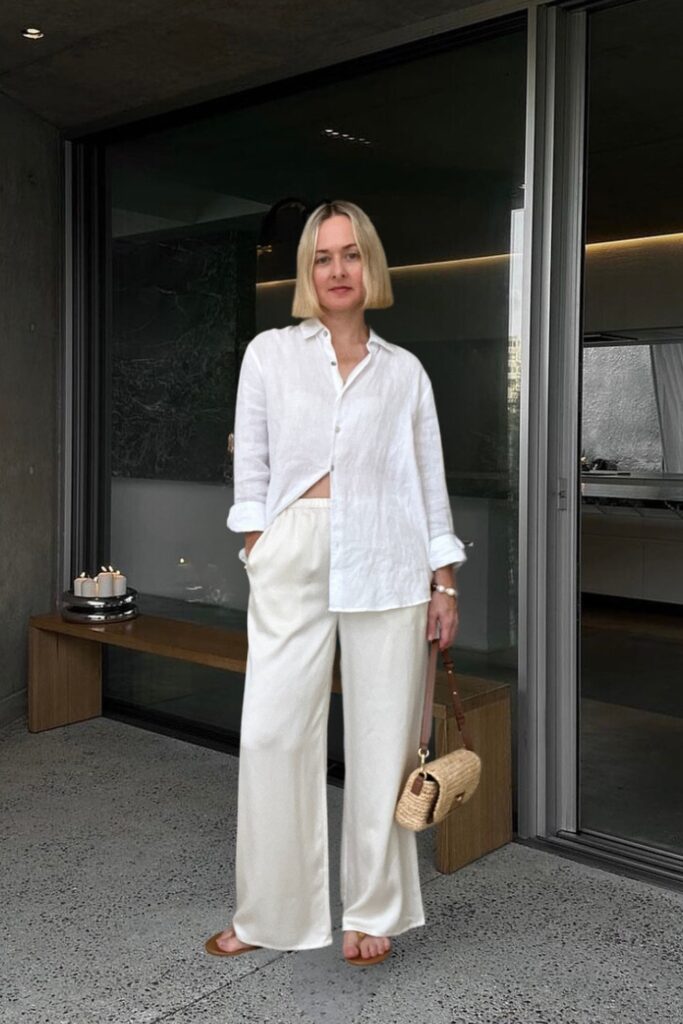 White Button-Up and Cream Silk Pants