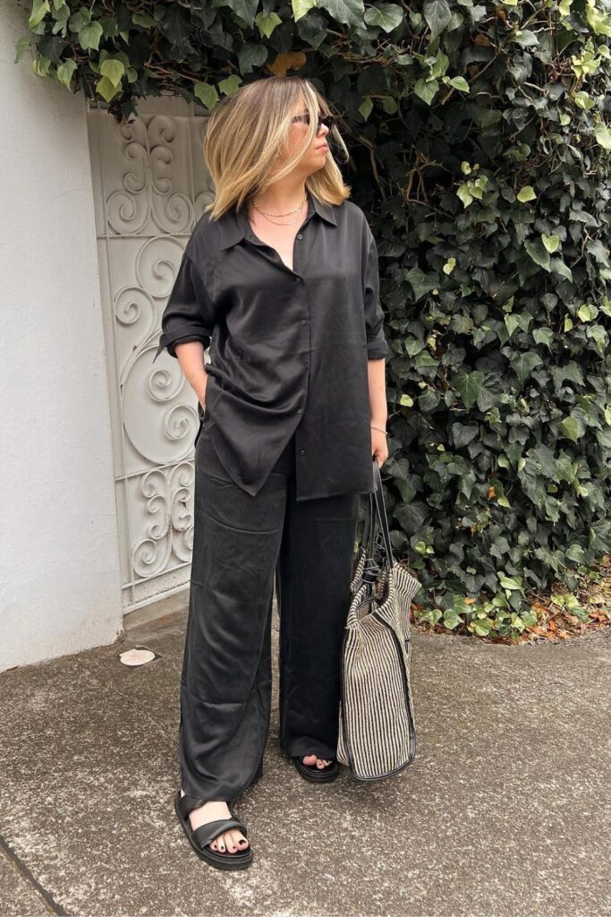 Black Button-Up and Black Silk Pants