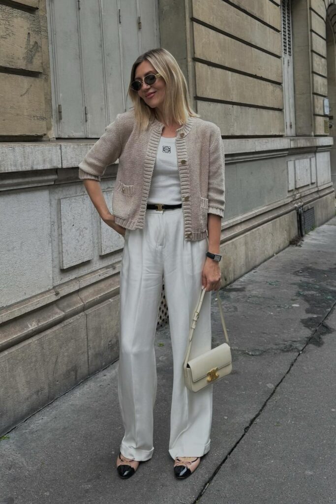 Knit Cardigan and White Silk Pants