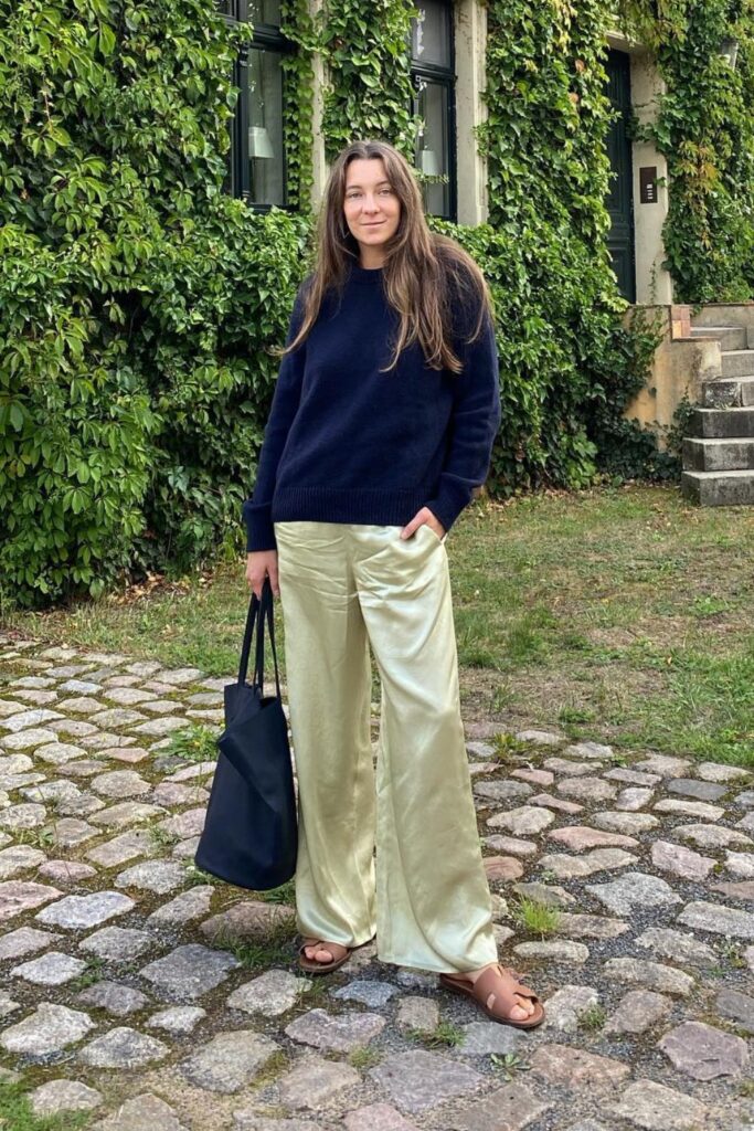 Navy Sweater and Yellow Silk Pants