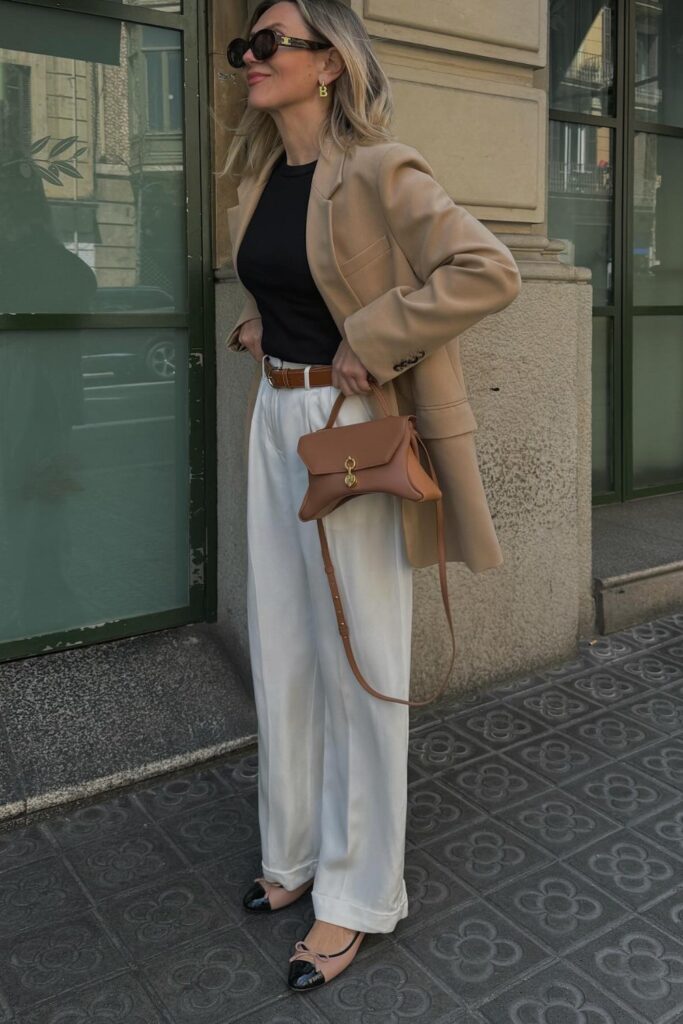 Beige Blazer and White Silk Pants