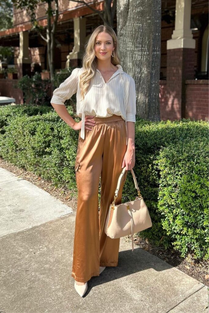 Pinstripe Blouse and Camel Silk Pants