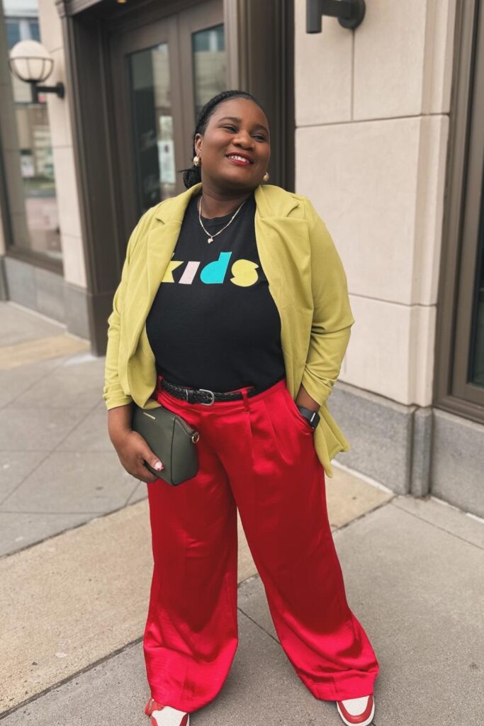 Yellow Blazer and Red Silk Pants