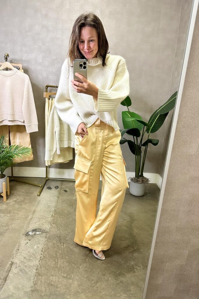 Cream Sweater and Yellow Silk Cargo Pants