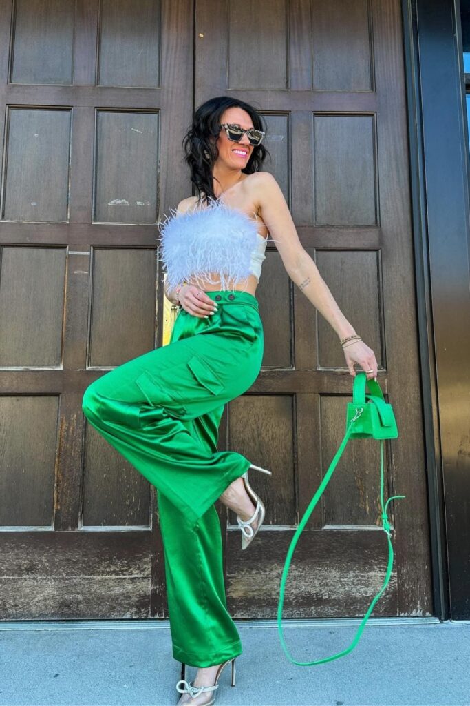 Feathered Tube Top and Green Silk Pants