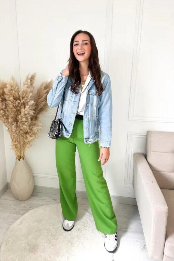 Light Wash Denim and Green Silk Pants