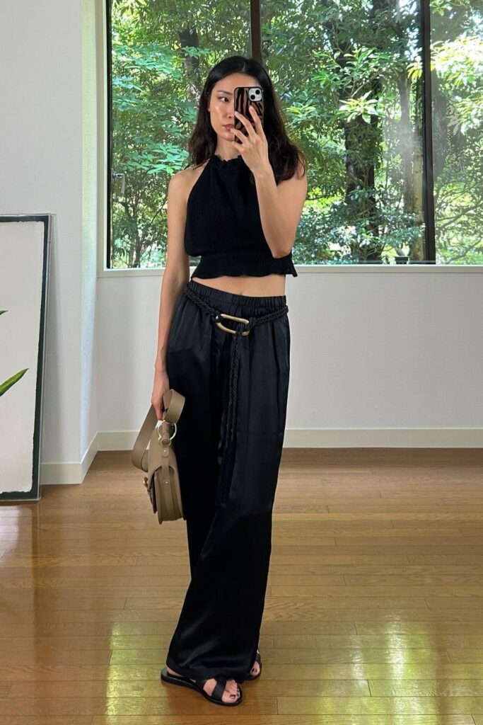 Black Halter Crop Top and Black Silk Pants