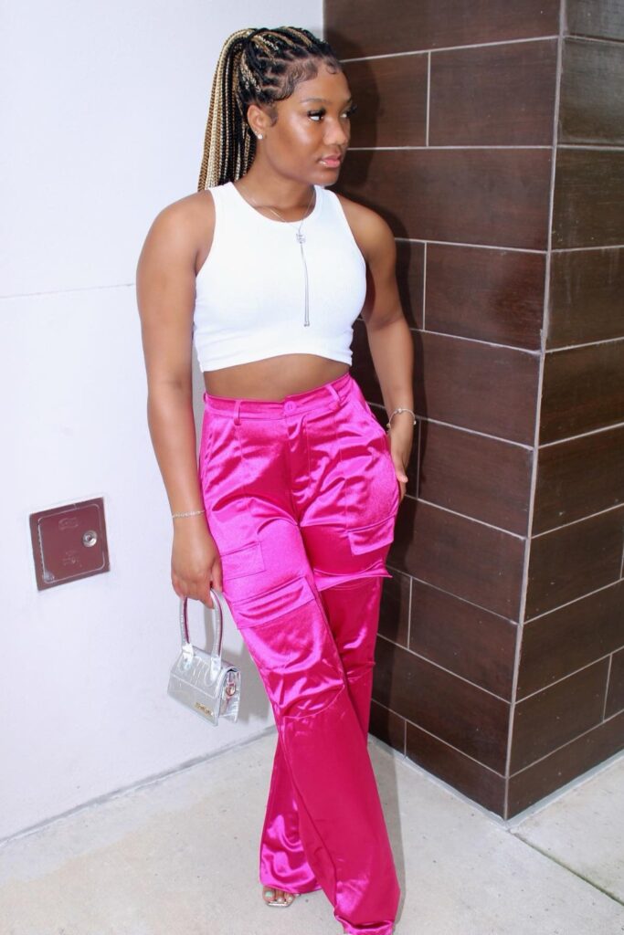 White Crop Top and Hot Pink Silk Pants