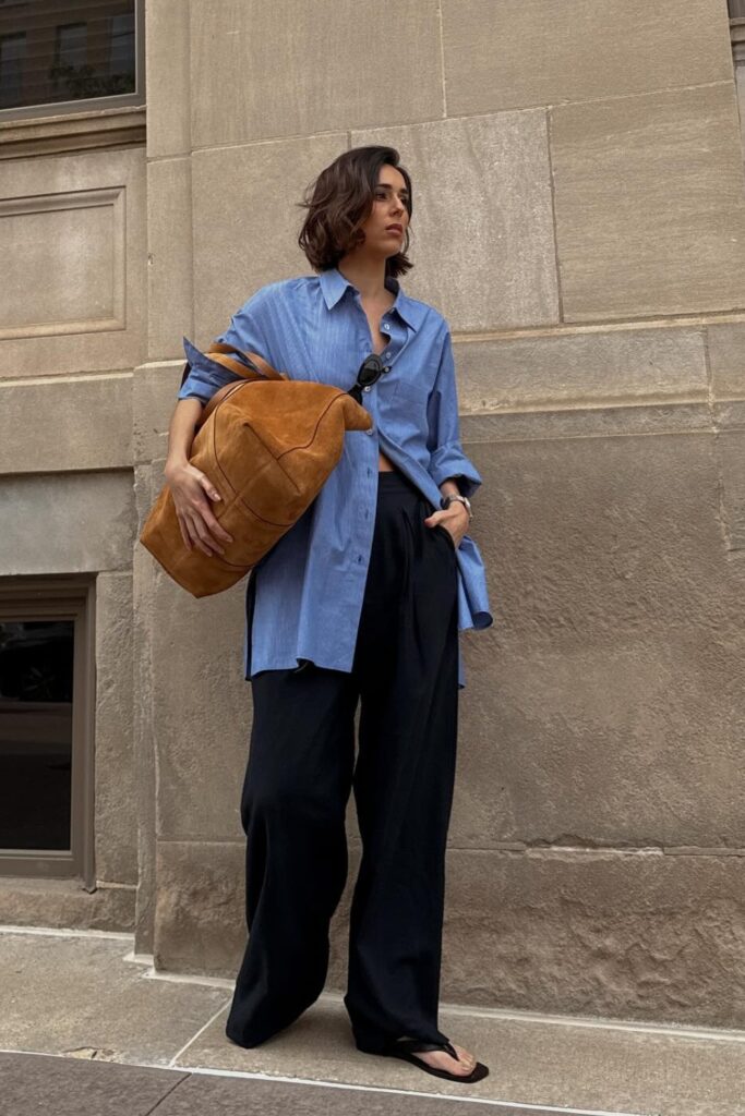 Blue Button-Up and Black Silk Pants