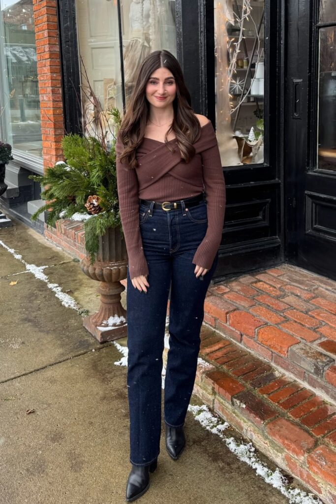 Brown Off-Shoulder Top and Jeans