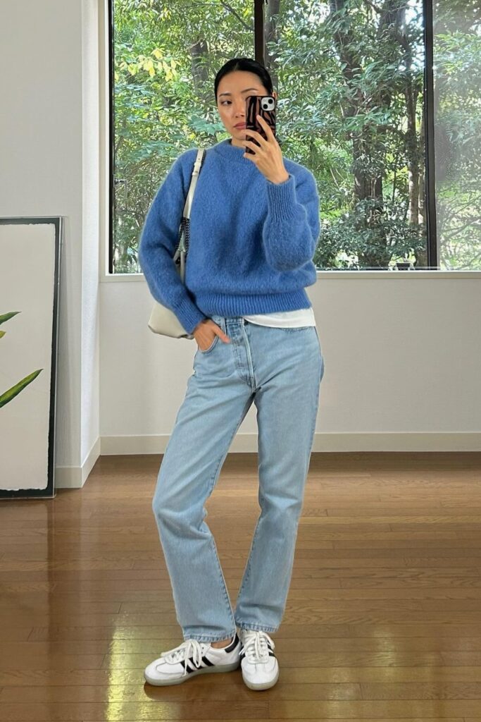 Blue Fuzzy Sweater and Jeans