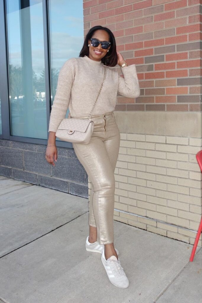 Beige Sweater and Metallic Pants