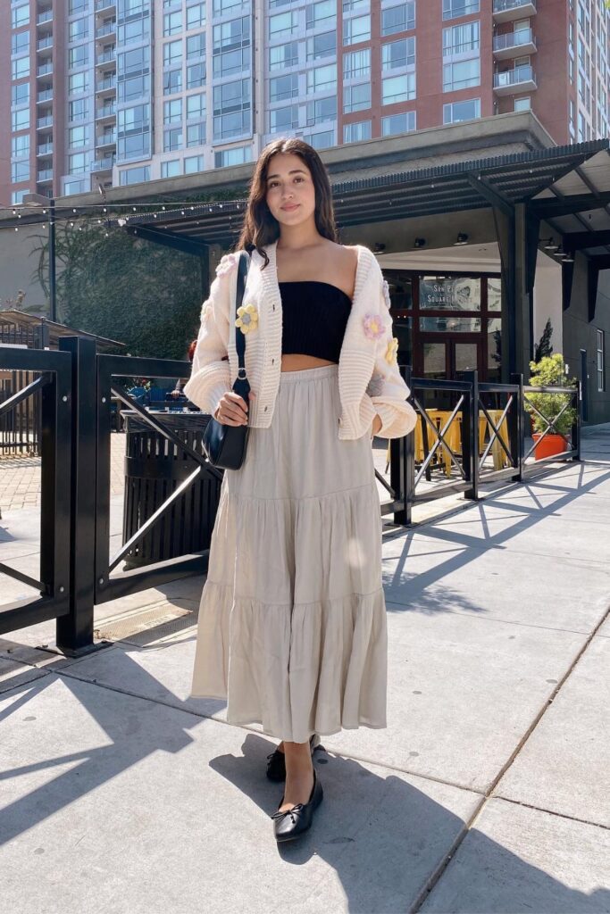 White Cardigan and Tiered Skirt