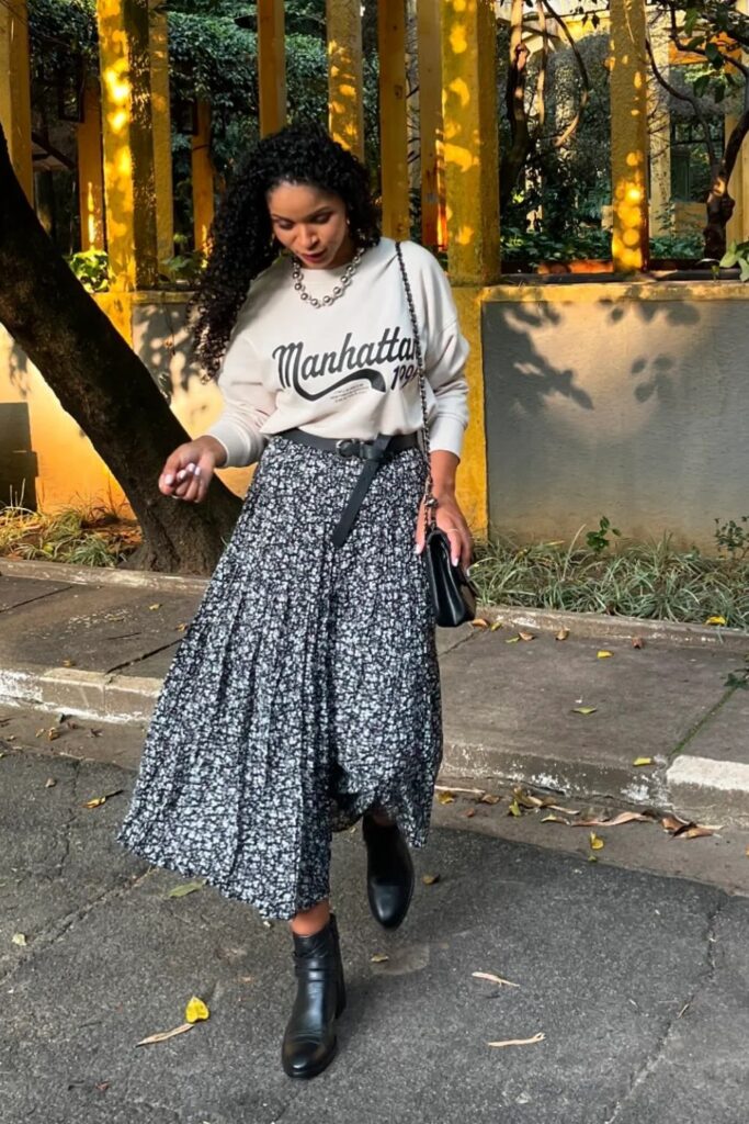 White Sweatshirt and Floral Skirt