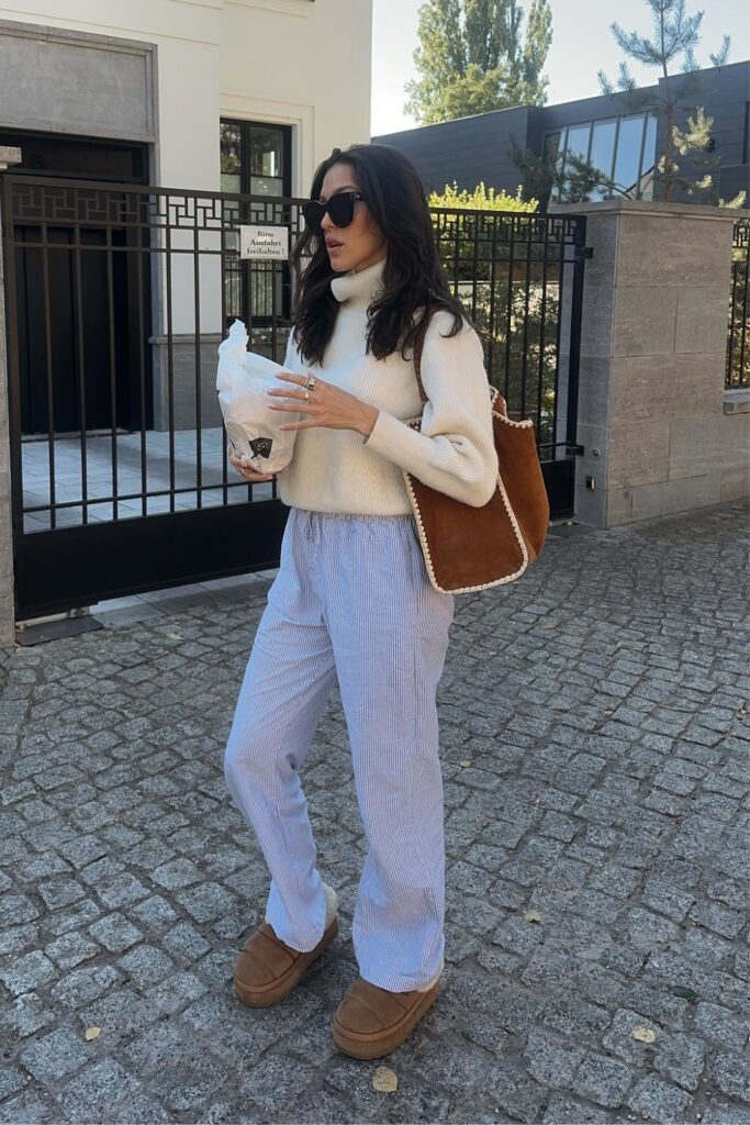 Cream Turtleneck and Striped Pants