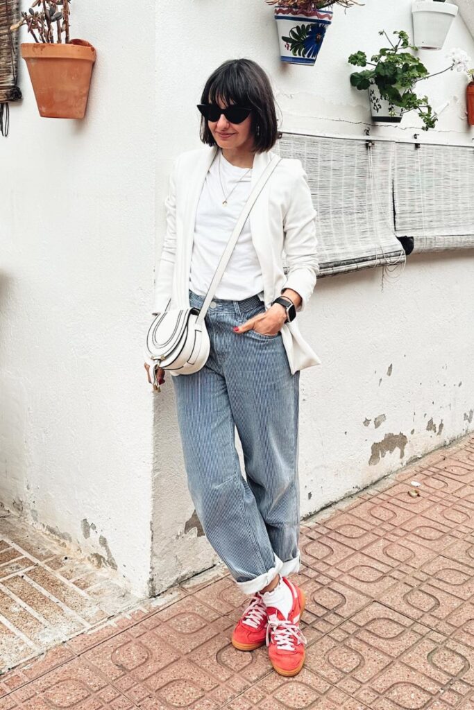 White Blazer and Ribbed Wide-Leg Pants