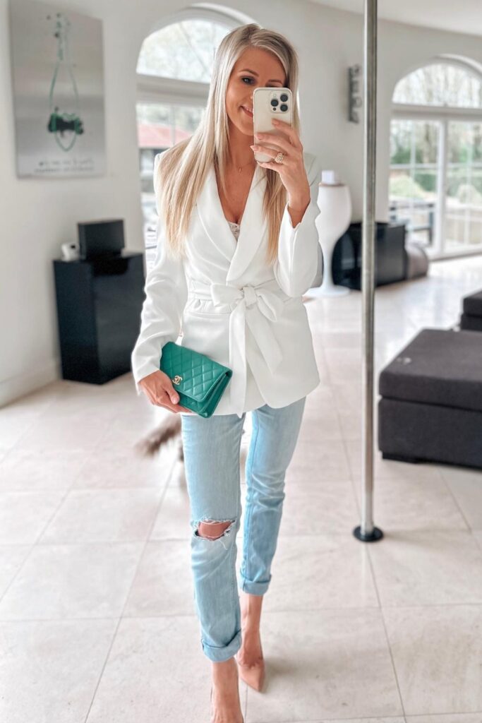 Distressed Jeans and Nude Heels