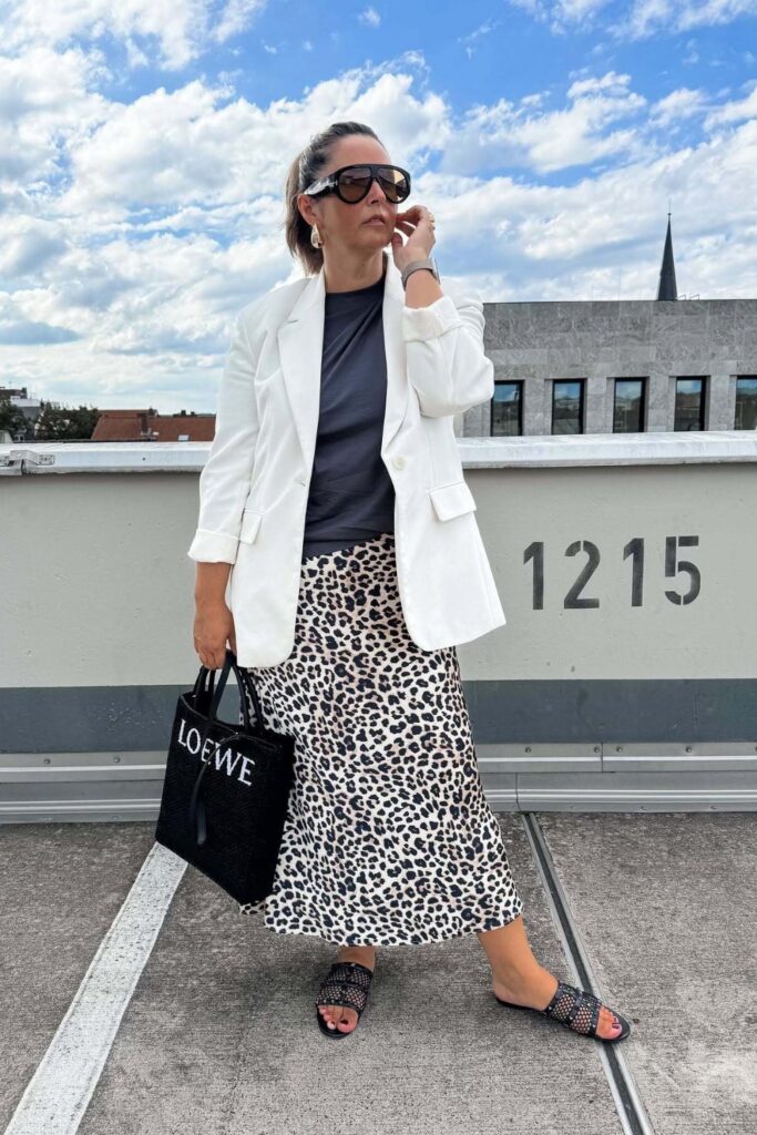 Leopard Midi Skirt and Oversized White Blazer