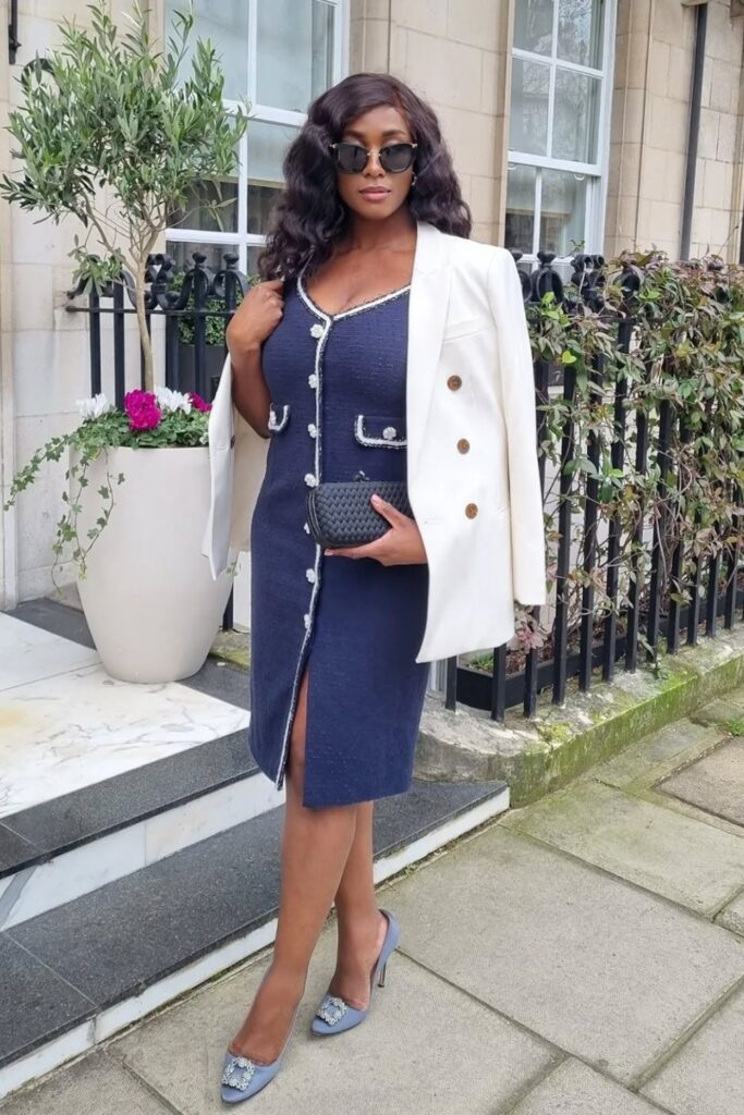 Navy Blue Dress and Oversized White Blazer