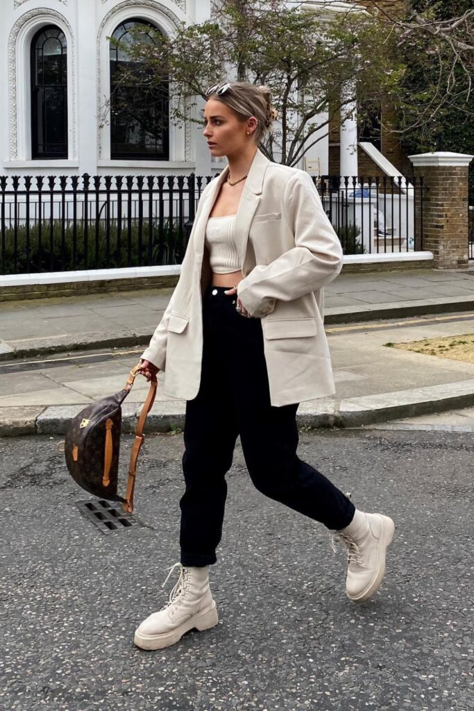 Cream Blazer with Crop Top and Wide-Leg Pants