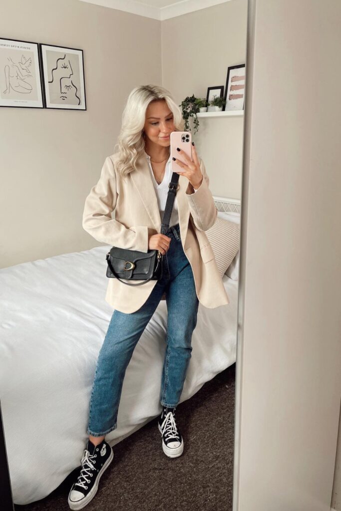 Beige Blazer with Jeans and High-Tops