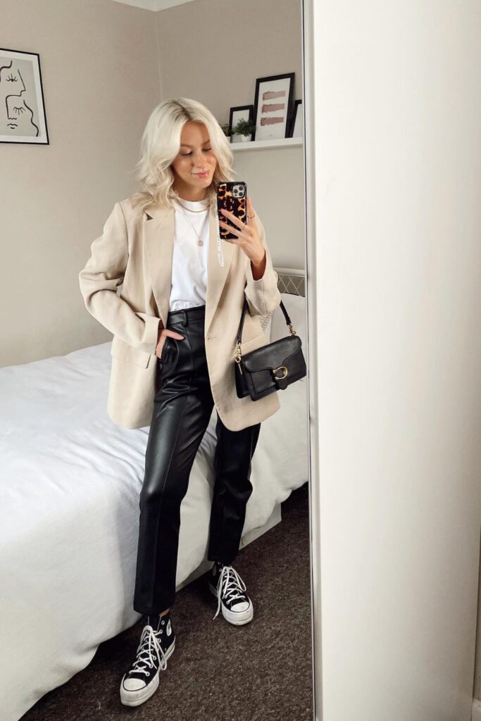 Beige Blazer with Leather Trousers and Sneakers