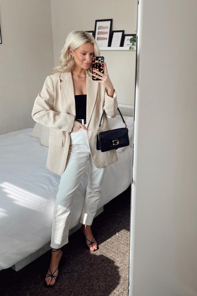 Beige Blazer with White Jeans and Strappy Sandals