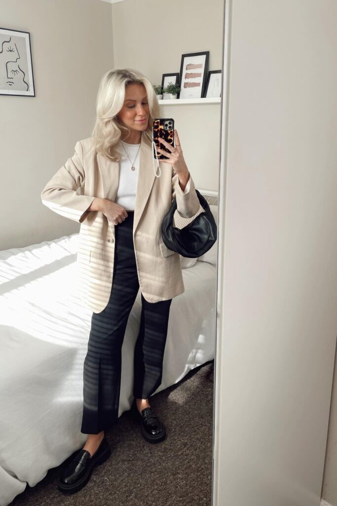 Beige Blazer with Black Trousers and Loafers