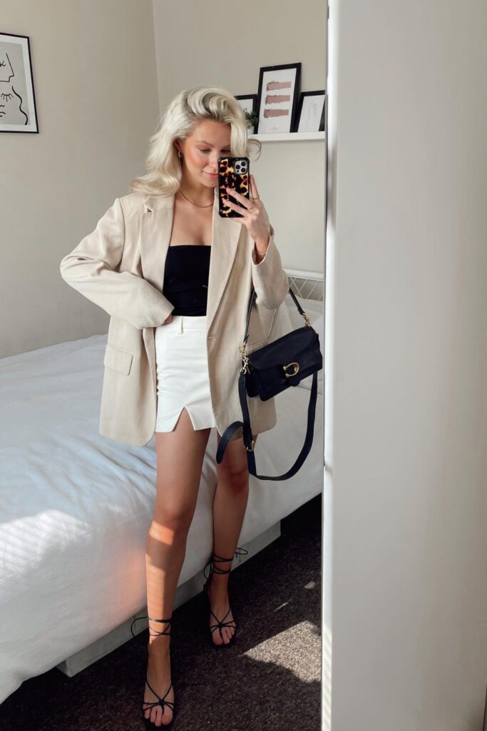 Beige Blazer with Strapless Top and Mini Skirt