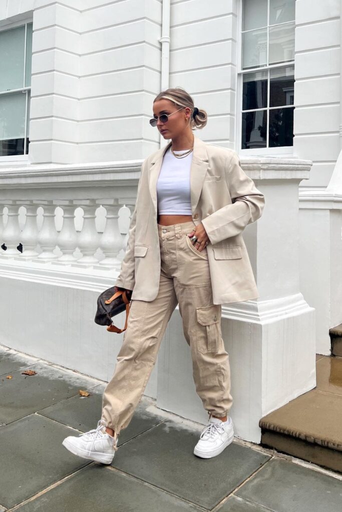 Beige Blazer and Cargo Pants Ensemble