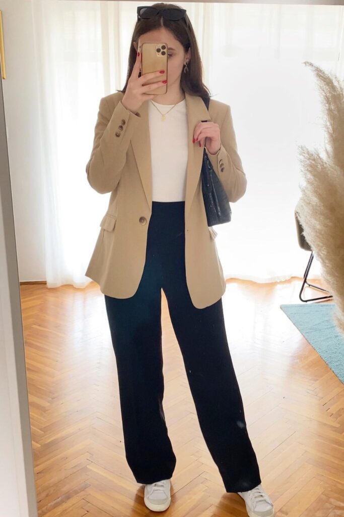 Beige Blazer with White Blouse and Wide-Leg Trousers