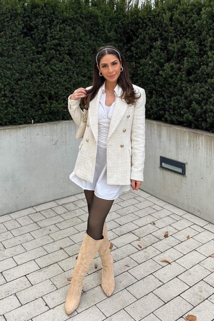 Tweed Blazer Over Shirt Dress with Boots