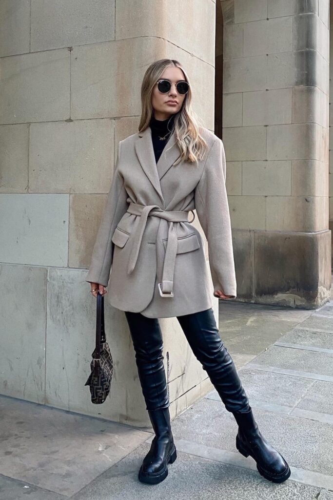 Belted Beige Blazer with Leather Pants