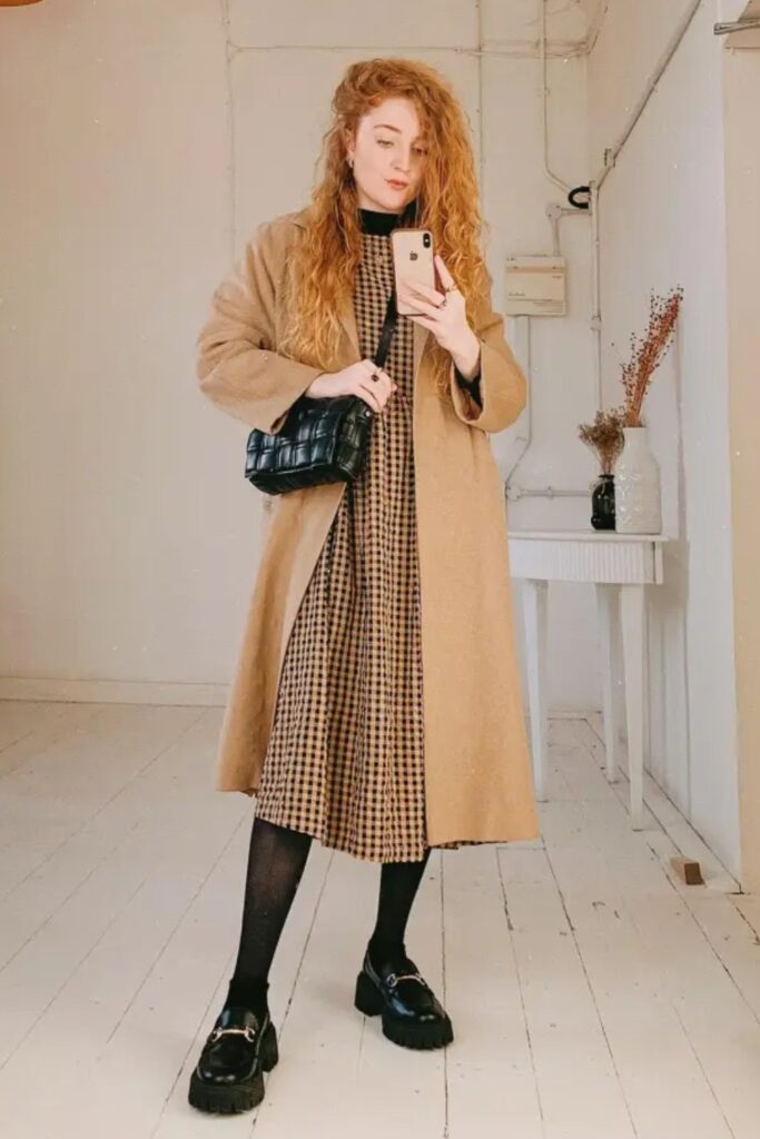 Checkered Beige Dress, Long Coat, and Loafers