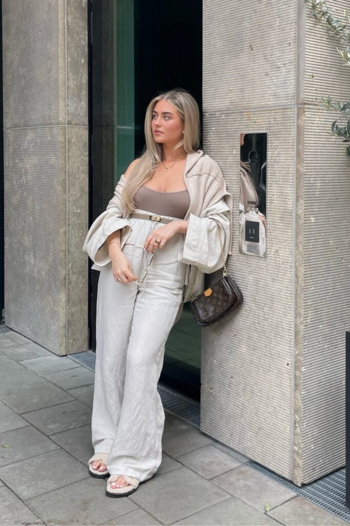 Oversized Shirt, Tank Top, Wide-Leg Pants, and Slide Sandals