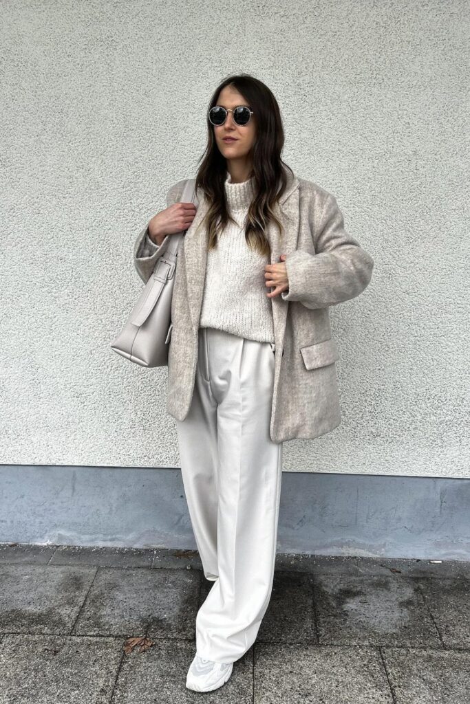 Oversized Blazer, Knit Sweater, Trousers, and Sneakers