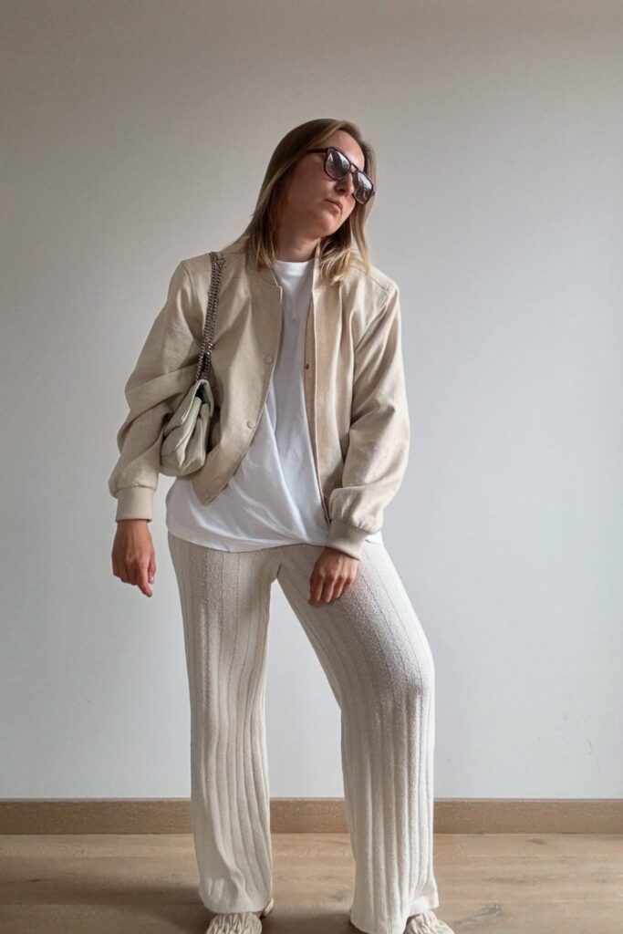 Bomber Jacket, T-Shirt, Wide-Leg Pants, and Sneakers