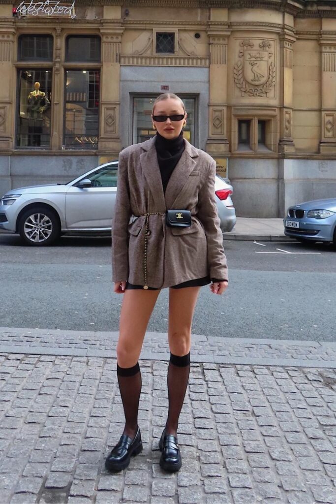 Oversized Blazer, Turtleneck, Knee-High Socks, and Loafers