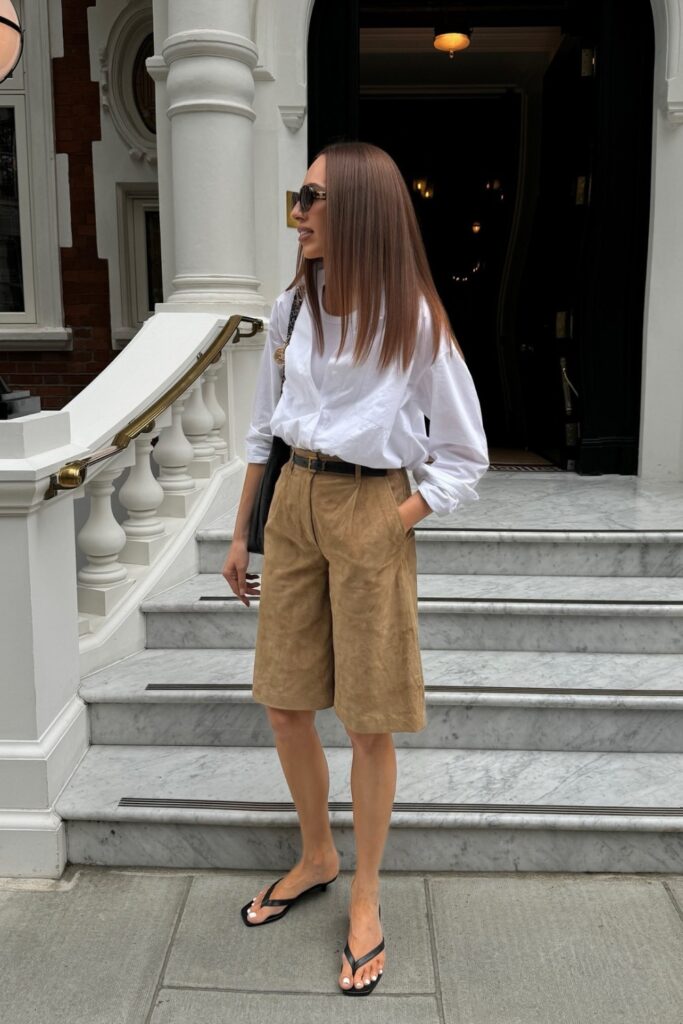 Loose Shirt and Suede Bermudas