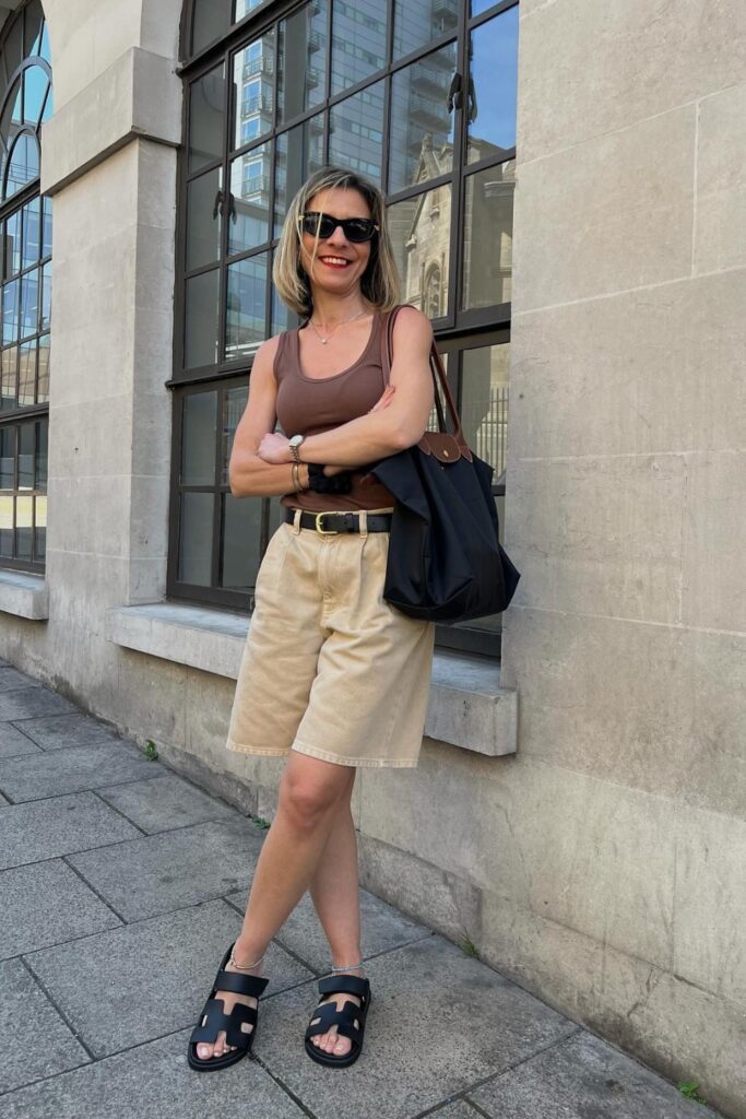 Brown Sleeveless Tank and Beige Bermudas