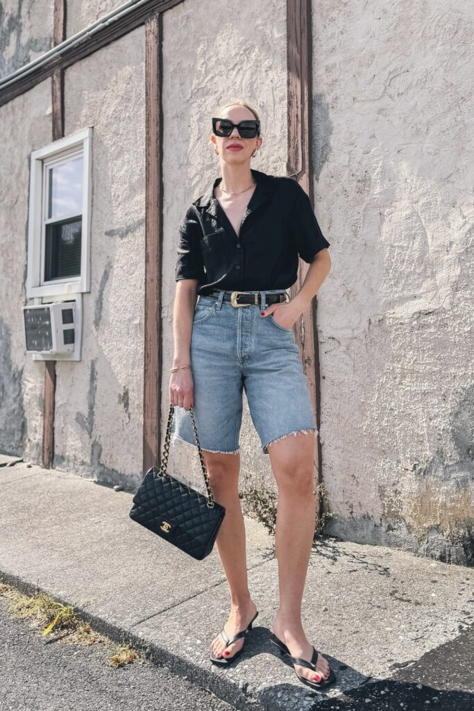 Black Shirt and Denim Bermudas