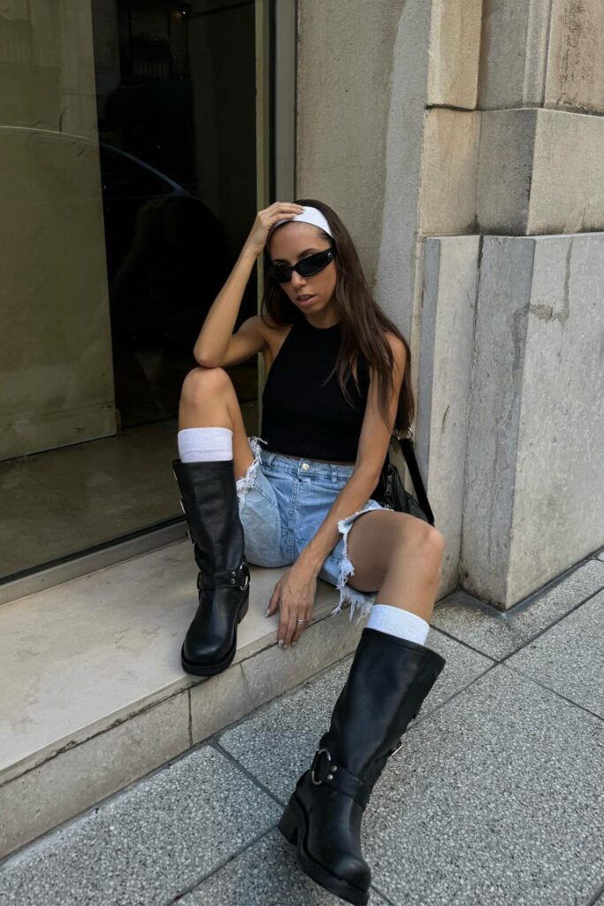 Edgy Crop Top and Denim Shorts with Biker Boots