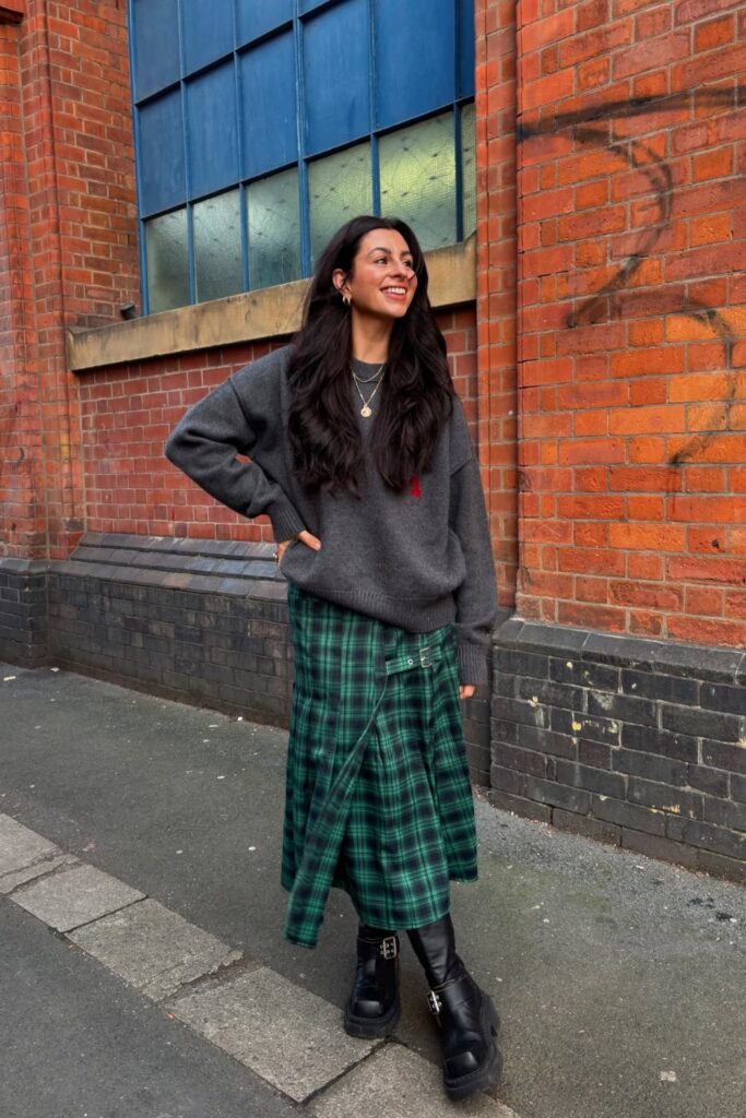 Cozy Sweater and Plaid Skirt Combination