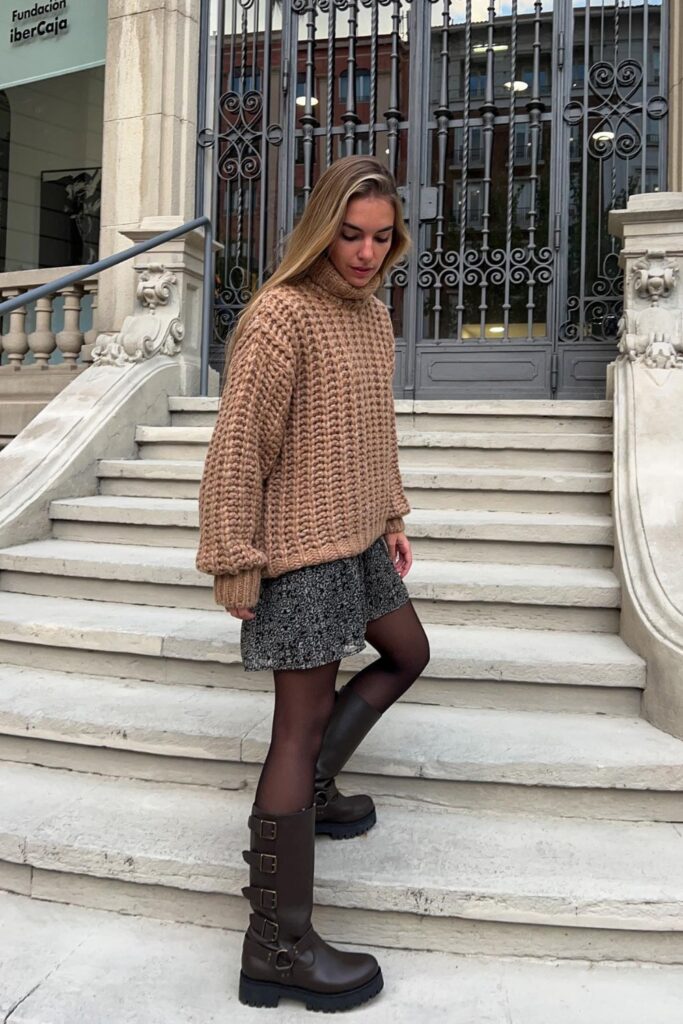 Chunky Knit and Patterned Skirt with Tights