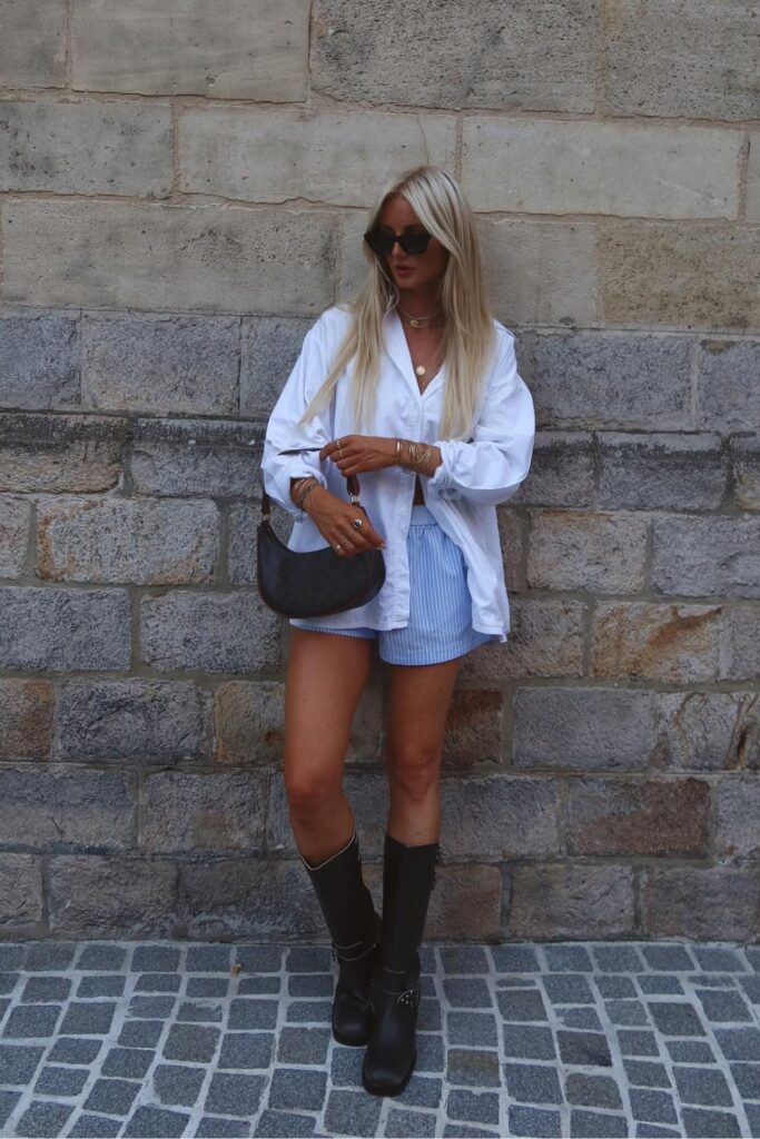 Oversized Shirt and Striped Shorts Pairing