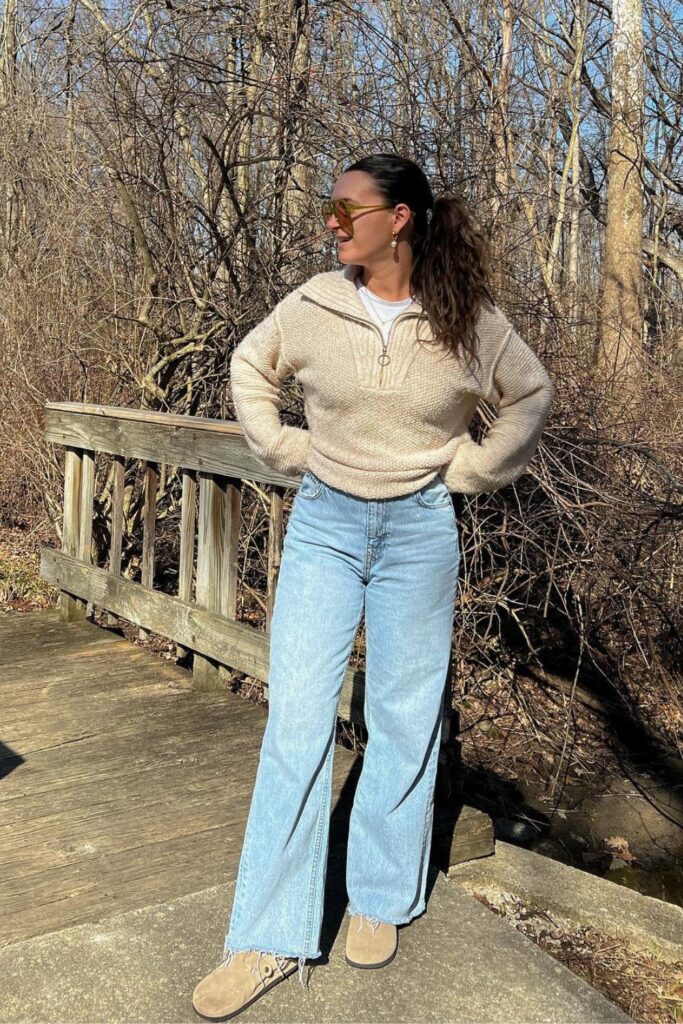 Half-Zip Sweater and Wide-Leg Jeans